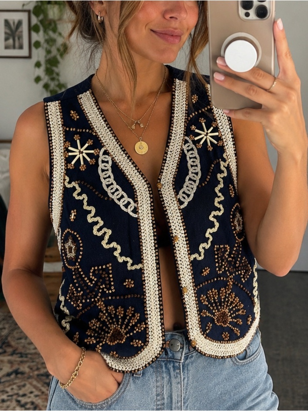 Vintage Carole Little Sport Petites 100% Cotton Beaded Crochet Vest Boho Western